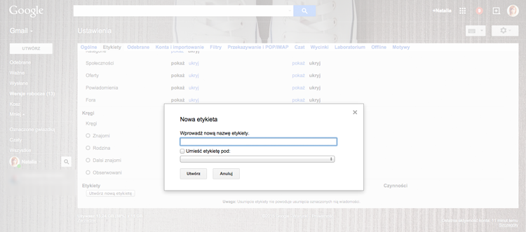 tworzenie etykiet w gmailu personalizacja skrzynki mailowej gmail